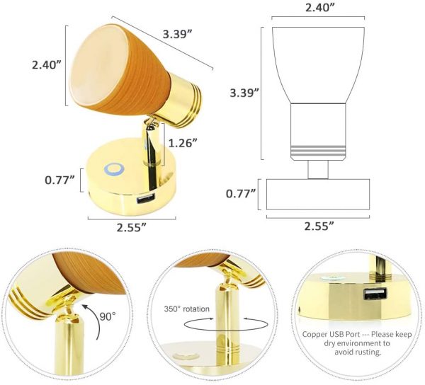 Reading Lamp with Copper USB Port Warm Light (2800-3200K)